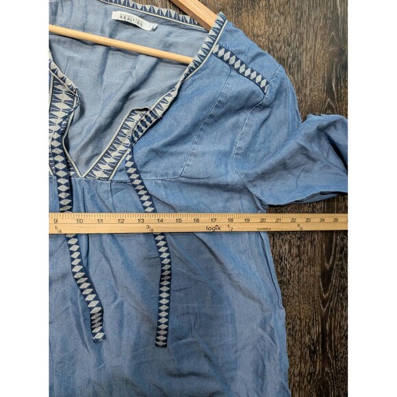 Kenneth Cole Reaction Dress Western Sz L Blue Tencel Chambray Embroidered Tunic - Picture 8 of 9